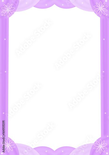 A luxurious purple frame decorated with soft gradient curtains, flower corners and small stars.