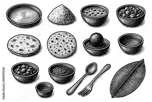 Vintage indian cuisine elements: hand drawn bowls, dishes, utensils in black and white