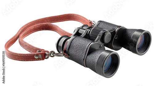 Vintage binoculars with a worn leather strap, perfect for exploration and discovery isolated on white background 