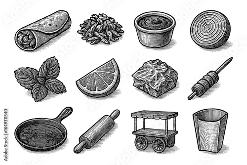 Hand-drawn vintage food and kitchen elements set with herbs and utensils