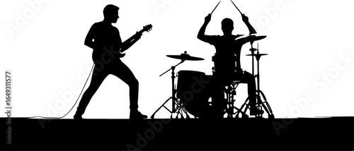 Rock Band Silhouette with Guitarist and Drummer Playing Music on Stage Performance Art