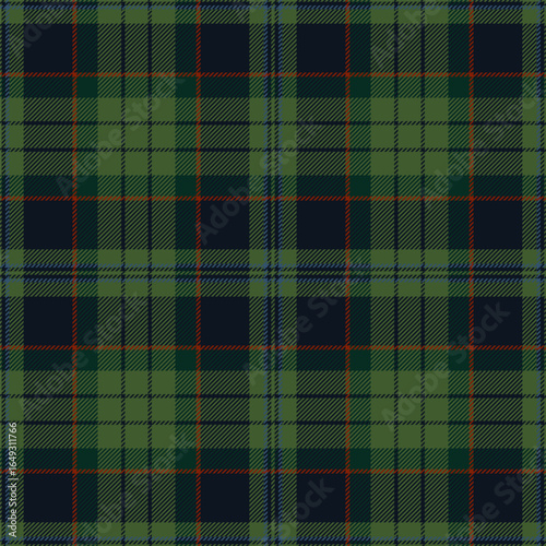 Dark green tartan plaid. Scottish pattern fabric swatch close-up. 
