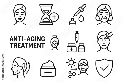 Anti-aging treatment icons: beauty and skincare line art collection