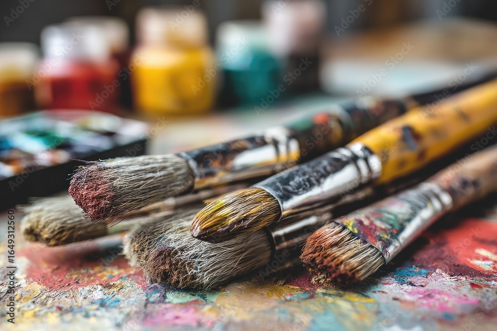 Fototapeta premium Paintbrushes on a palette with paint