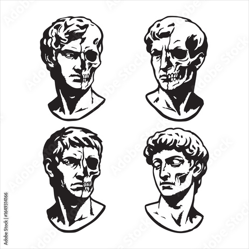 Black and white bust illustration set with blurred faces  stylized head and shoulder portraits combining classical sculpture aesthetics with modern anonymity,  vector art 