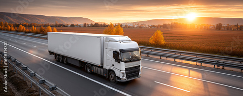 White Semi Truck Transporting Goods on a Highway at Sunset