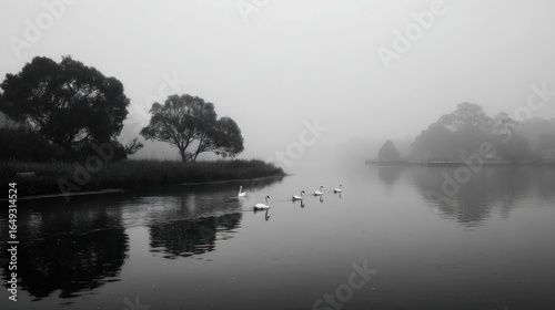 Swans serenely glide on a misty lake, trees silhouetted against the fog in monochrome