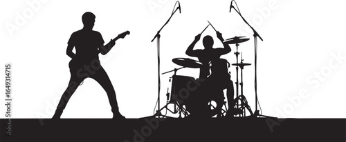 Silhouette of Rock Band Performing on Stage with Guitar and Drums for Concert Entertainment