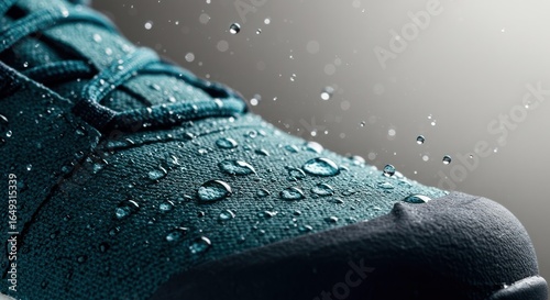 Close-up of waterproof shoe material with water droplets falling