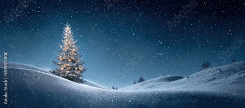 Fototapeta Naklejka Na Ścianę i Meble -  Snowy winter night landscape with illuminated Christmas tree