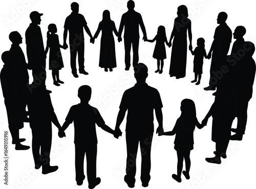 Community holding hands circle unity people silhouette vector