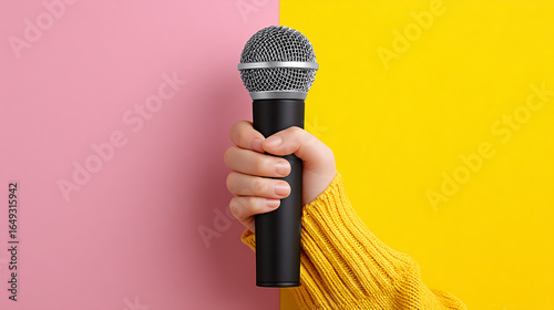 Hand holding a microphone on a pink and yellow background ready to sing