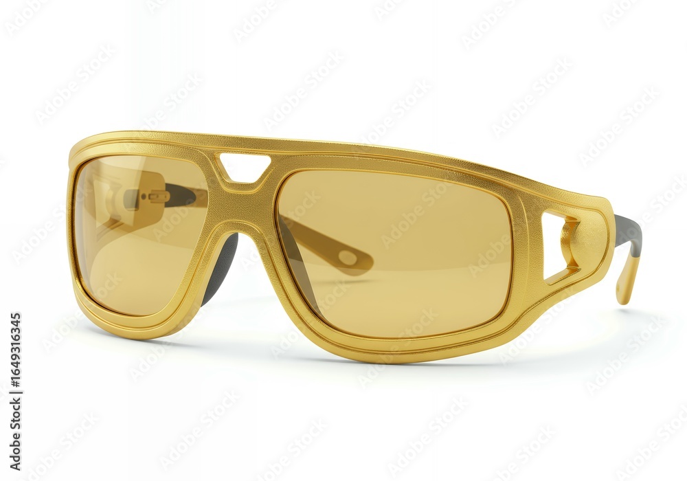 Fototapeta premium Gold metallic wraparound sunglasses luxury designer eyewear shield style fashion accessory isolated on white background studio