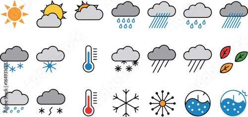 Weather forecast icons set various conditions sunny cloudy rain snowy autumn season vector illustration