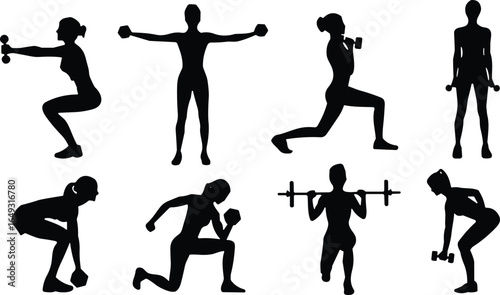 Female fitness silhouettes, dumbbell workouts, squats, lunges, strength training, gym poses, exercise icons, barbell lifting, fitness woman clipart, workout vector