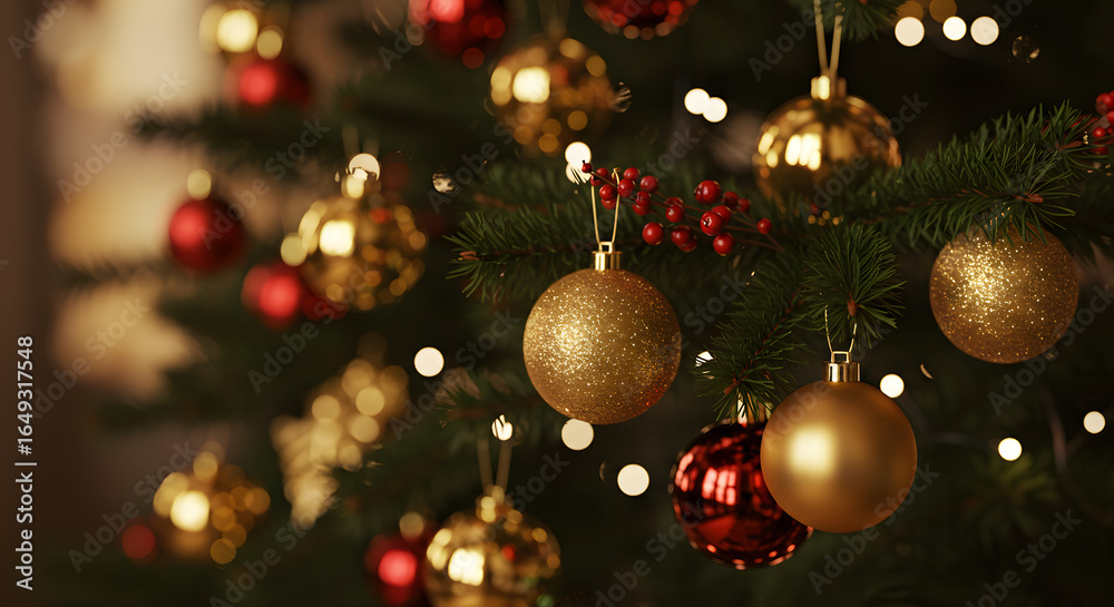 Fototapeta premium Close-up of a beautifully decorated Christmas tree with sparkling red and gold ornaments and festive bokeh lights.
