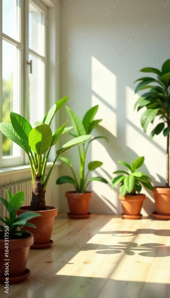 Bright, airy room, potted greenery on light wood, sunlit shadows , potted plants, shadow play Bright, airy room, potted greenery on light wood, sunlit shadows , potted plants, shadow play