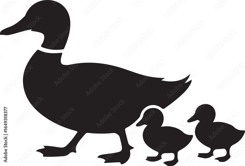 Set of Duck Silhouettes - Vector Icon Collection of a Swimming Duck and a Mother Duck Walking with her Ducklings. Set of Duck Silhouettes - Vector Icon Collection of a Swimming Duck and a Mother Duck Walking with her Ducklings.