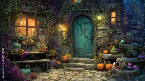 Stone cottage glows with warm light, adorned with foliage, pumpkins and rustic charm