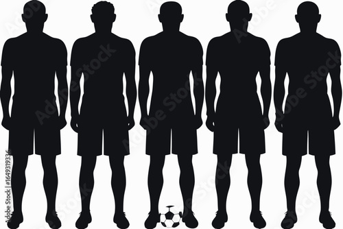 Seven male figures in dark silhouette against a luminous background