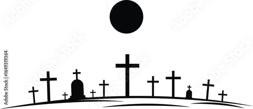 Cemetery Silhouette with Crosses and Moon on a White Background