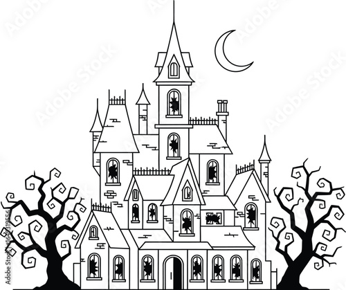 Spooky haunted house with gnarled trees and crescent moon outline