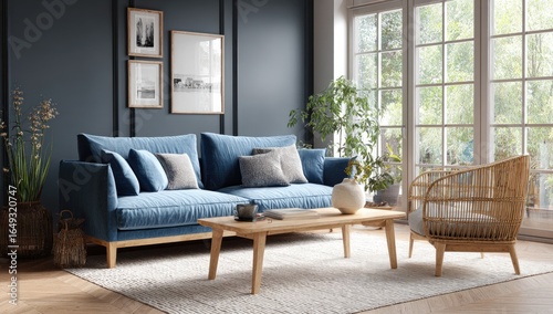 Cozy living room with a deep blue sofa, light wooden furniture, and large windows