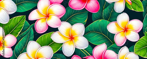 Plumeria flower illustration. White and pink plumeria flower close up. Vibrant blossoms with leaves. Plumeria floral pattern illustration.