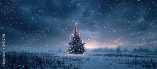 A solitary Christmas tree stands amidst a snowy landscape under a starry night sky, illuminated by soft, warm light.  Falling snowflakes blanket the scene
