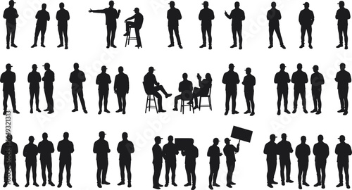 Men silhouettes group, casual standing and sitting, baseball caps, holding signs, social interaction, outdoor gathering, urban casual crowd vector