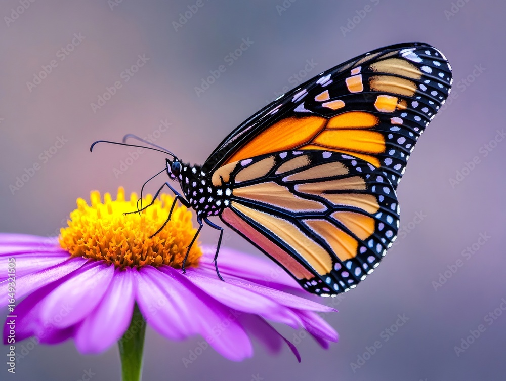 Fototapeta premium Monarch butterfly drinking nectar from purple flower in summer garden