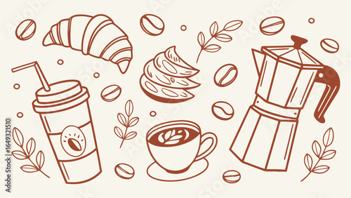 Hand-drawn coffee and brunch doodle vector illustration in orange sketch style on light background