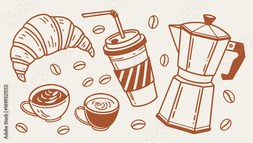 Hand-drawn coffee and brunch doodle vector illustration in orange sketch style on light background