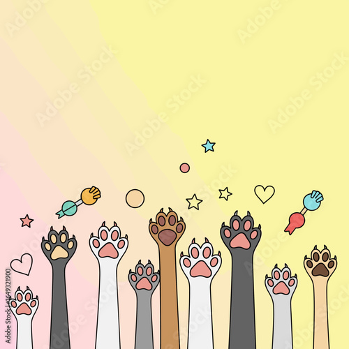Adorable collection of cute cat paws reaching upwards with whimsical decorations