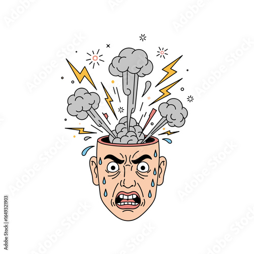 Illustration of an angry frustrated man with smoke billowing from his head showing intense stress and overwhelming emotions