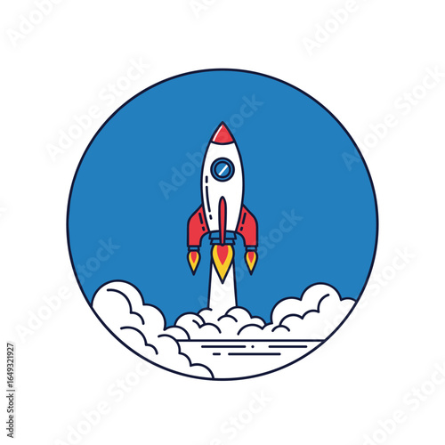A powerful rocket launching into the blue sky surrounded by puffy white clouds and emitting bright orange flames from its engine showing forward momentum