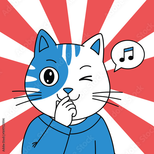 Playful whimsical feline companion enjoying a melodious moment with a wink
