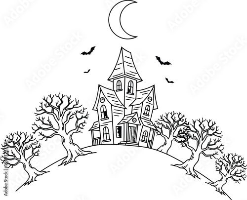 Haunted house with bare trees, bats, and crescent moon on hill