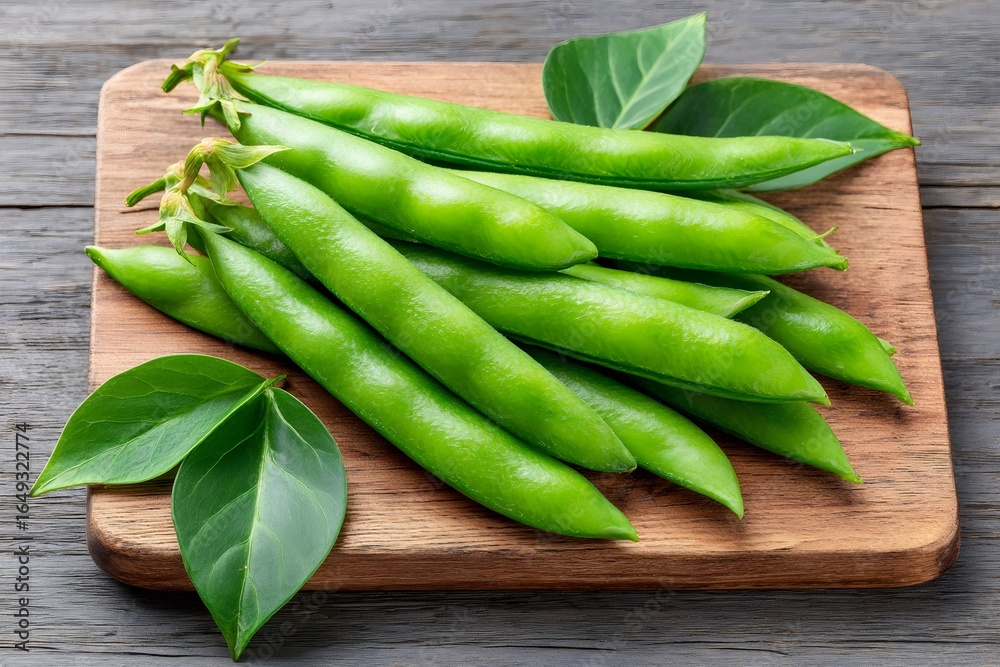 Fresh green peas on wooden cutting board with leaves Fresh green peas on wooden cutting board with leaves