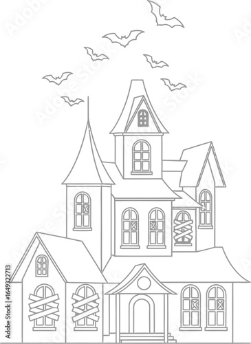 Spooky haunted house with bats flying on a white background, outline
