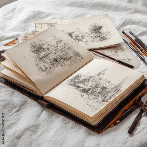 Open artists sketchbook revealing intricate pencil drawings of landscapes and structures