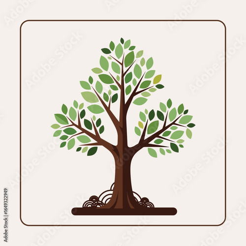 A stylized illustration of a vibrant tree with green leaves and visible roots.