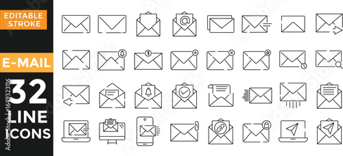 Mail and Email Line Icon Set. Outline web icons. Pixel perfect. suitable for apps and websites Ui designs. Postal Letter, Mailbox, Email, Post Office, Envelope, Messaging. Editable strokes. vector ill