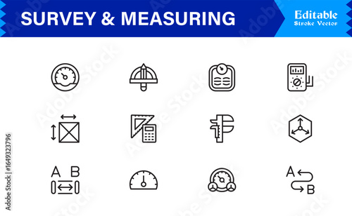 Survey And Measuring Line Icon Set – Professional Minimal Data Analysis Symbols, Research Metrics Line Icon Collection