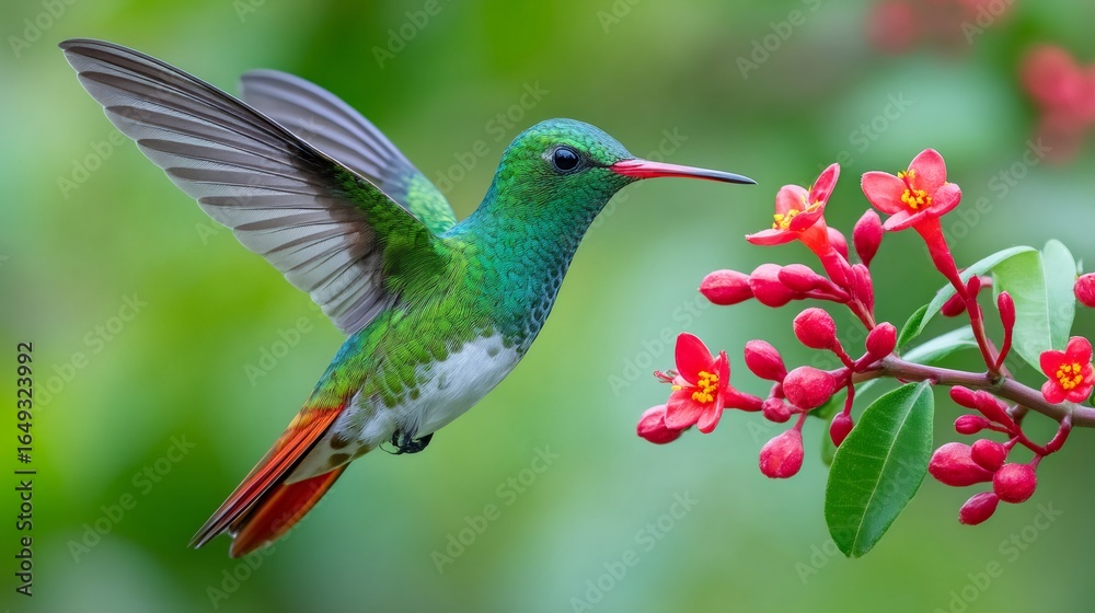 Fototapeta premium Rufous tailed hummingbird hovering near red flowers with blurred green background