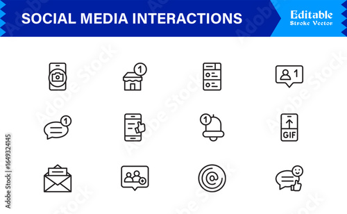 Social Media Interactions line icon set featuring clean, pixel-perfect symbols. Includes professional, modern, and minimal designs tailored to digital engagement themes.
