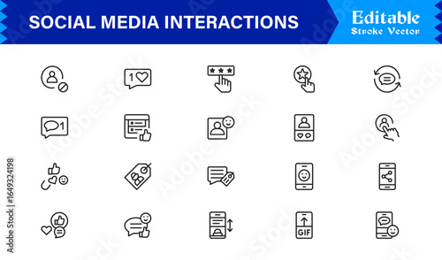 Social Media Interactions line icon set featuring clean, pixel-perfect symbols. Includes professional, modern, and minimal designs tailored to digital engagement themes.