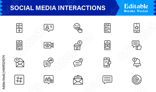 Social Media Interactions line icon set featuring clean, pixel-perfect symbols. Includes professional, modern, and minimal designs tailored to digital engagement themes.