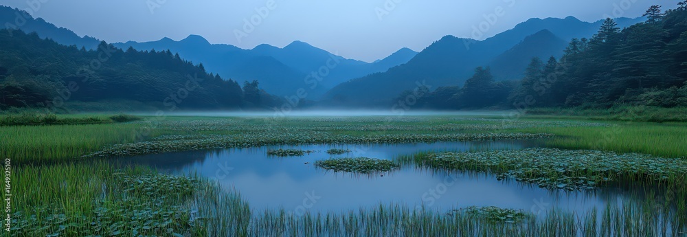 Fototapeta premium White birds soar over misty rice fields at sunrise with golden light.