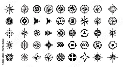 Collection of compass rose icons and directional arrows in black and white wind rose navigation